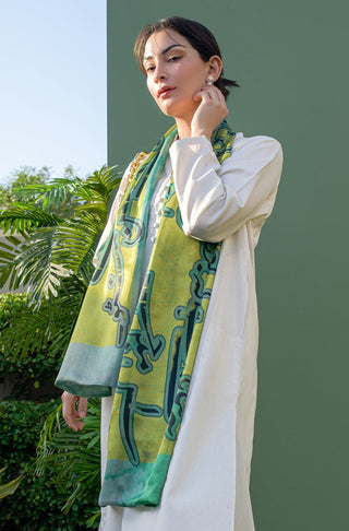 Shopmanto, wear manto pakistani clothing brand, manto ready to wear shaded green double sided husn urdu silk stole scarf with floral print and urdu calligraphy