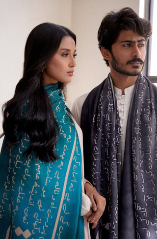 Manto Women's Stitched 1 Piece Textured Material Winter Karvaan Stole Teal Blue Featuring Calligraphy & Poetry of Allama Iqbal