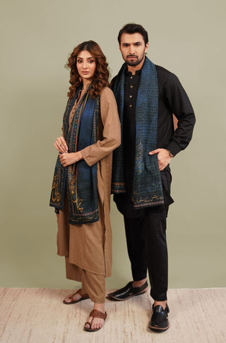 Manto's Unisex Double Sided Blue Chirag Stole featuring Urdu Calligraphy