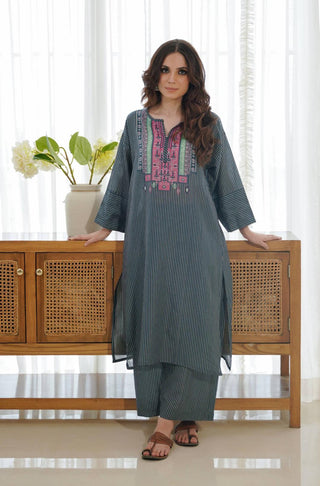 Manto Two Piece Cambric Naqsh Coord Set in Teal & Grey, with Long Shirt and Culotte Pants. Featuring Poetry written by Allama Iqbal