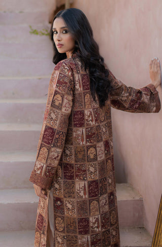 Manto Woman's Stitched Summer Jacquard 1 Piece Jugnu Kurta Antique Maroon Featuring Illustration & Poetry of Allama Iqbal