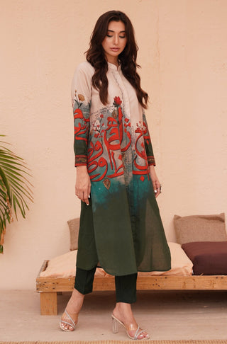 Manto Women's Ready To Wear 1 Piece Lawn Cotton Front Open Button Down Long Shirt Kurta Shades of Forest Calligraphed with Random Urdu Letters