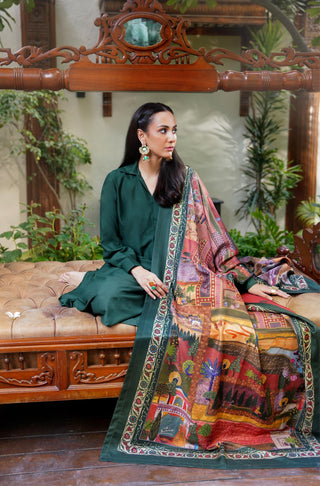 Shop manto, wear manto pakistani clothing brand ready to wear green & rust unisex bagh-e-mughal shawl urdu scarf with urdu calligraphy featuring poetry inspired by mughal gardens