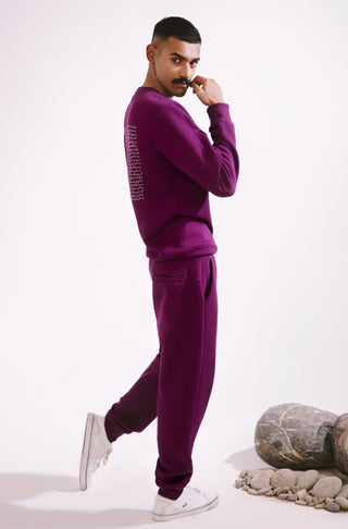 Manto, Pakistan's Most Comfy Men's Ready to Wear Triple Layered Premium Fleece Very Plum Talaash Sweatshirt with Urdu Calligraphy of Poetry by Nida Fazli Paired with Matching Jogger Pants