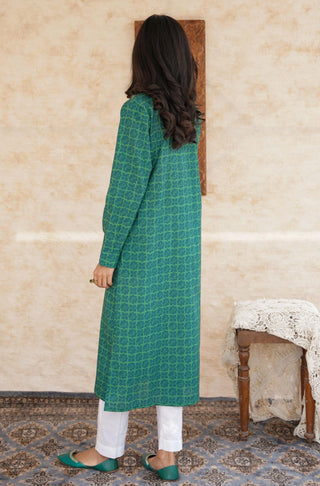 Manto Women's Ready to Wear Lawn Cotton Yaqeen Long Kurta Shirt Teal Green Featuring Urdu Calligraphy