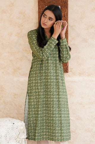 Manto Women's Ready to Wear Lawn Cotton Yaqeen Long Kurta Shirt Olive Green Featuring Urdu Calligraphy