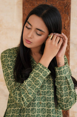 Manto Women's Ready to Wear Lawn Cotton Yaqeen Long Kurta Shirt Olive Green Featuring Urdu Calligraphy