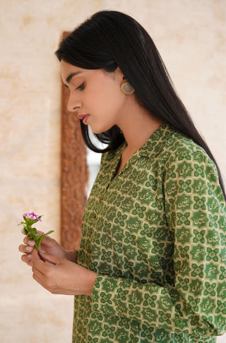 Manto Women's Ready to Wear Lawn Cotton Yaqeen Long Kurta Shirt Olive Green Featuring Urdu Calligraphy