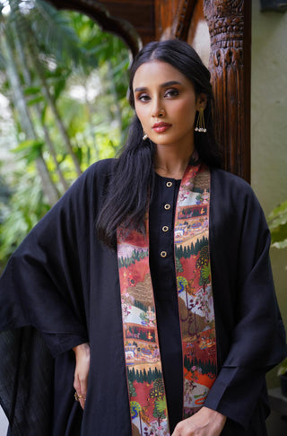 Shop manto, wear manto pakistani clothing brand ready to wear green & rust unisex bagh-e-mughal cape urdu scarf with urdu calligraphy featuring poetry inspired by mughal gardens