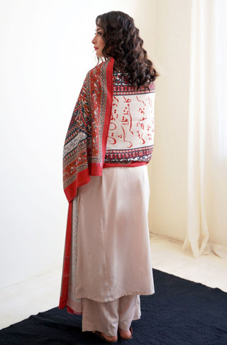 Manto Women's Stitched 1 Piece Cotton Silk Talaash Odhni Beige & Red Featuring Urdu Calligraphy of Poetry By Nida Fazli