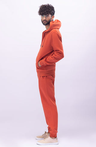 Manto Unisex Triple Layer Premium Fleece Rust Orange Front Open Zipper Sweatshirt Hoodie with Zip & Manto Logo with Matching Rust Orange Jogger Pants