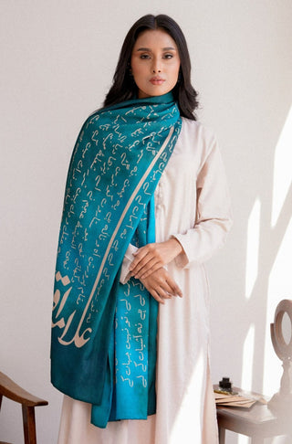 Manto Women's Stitched 1 Piece Textured Material Winter Karvaan Stole Teal Blue Featuring Calligraphy & Poetry of Allama Iqbal