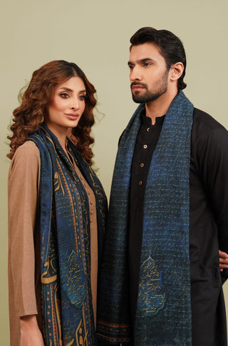 Manto's Unisex Double Sided Blue Chirag Stole featuring Urdu Calligraphy