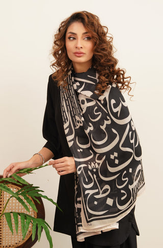 Manto Women's Crinkle Silk Black Huroof Scarf with Urdu Calligraphy