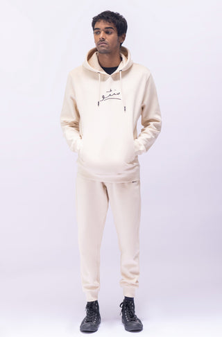 Manto Men's Triple Layer Premium Fleece White Sand Pullover Sweatshirt Hoodie with Manto Logo with Matching Jogger Pants