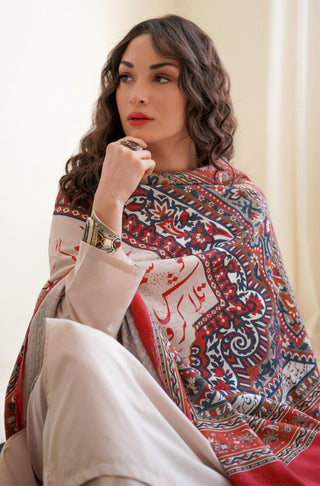 Manto Women's Stitched 1 Piece Cotton Silk Talaash Odhni Beige & Red Featuring Urdu Calligraphy of Poetry By Nida Fazli
