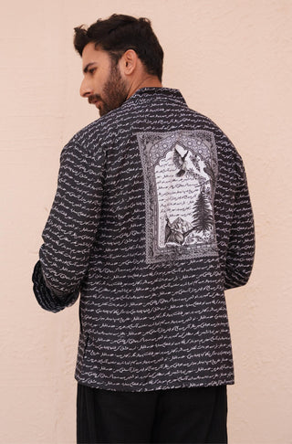 Manto Unisex Ready to Wear 1 Piece Front Open Button Down Markhor Overshirt Shacket Black Featuring Calligraphy of Poetry by Allama Iqbal & Illustration of National Elements of Pakistan on the Inside & Back