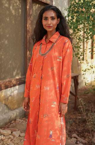 Shopmanto, Pakistani urdu calligraphy clothing brand, wear manto ready to wear women printed one piece diwani front open button down long rustic orange long urdu shirt kurta