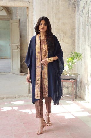 Manto Unisex Ready To Wear Acrylic Wool Outerwear Wrap Around Dasht Cape Blue & Gold Featuring Poetry of Allama Iqbal