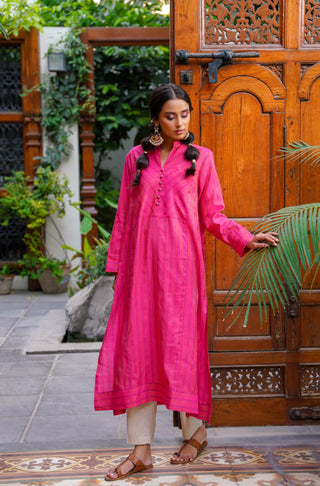 Manto Woman's Stitched Yarn Dyed 1 Piece Sunehri A-line Kurta Fuchsia Ready To Wear Kurta Manto Yarn-dyed A-Line Kurta