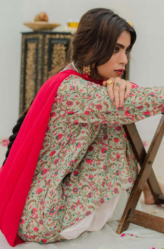 Manto Women's Ready To Wear Lawn 1 Piece Roshni Kurta Long Shirt Mint & Pink Calligraphed with Random Urdu Words