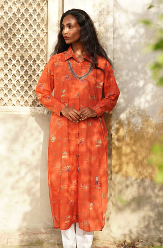 Shopmanto, Pakistani urdu calligraphy clothing brand, wear manto ready to wear women printed one piece diwani front open button down long rustic orange long urdu shirt kurta