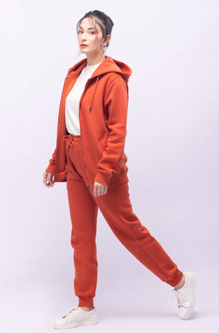 Manto Unisex Triple Layer Premium Fleece Rust Orange Front Open Zipper Sweatshirt Hoodie with Zip & Manto Logo with Matching Rust Orange Jogger Pants