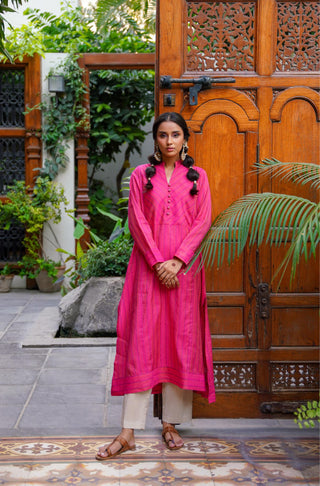 Manto Woman's Stitched Yarn Dyed 1 Piece Sunehri A-line Kurta Fuchsia Ready To Wear Kurta Manto Yarn-dyed A-Line Kurta