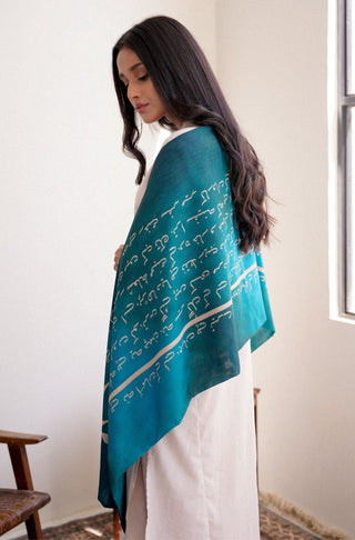 Manto Women's Stitched 1 Piece Textured Material Winter Karvaan Stole Teal Blue Featuring Calligraphy & Poetry of Allama Iqbal