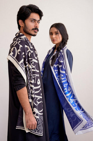 Shopmanto, wear manto pakistani clothing brand, manto ready to wear men women unisex black textured winter double sided stole scarf with random urdu letters calligraphed on stole