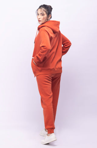 Manto Unisex Triple Layer Premium Fleece Rust Orange Front Open Zipper Sweatshirt Hoodie with Zip & Manto Logo with Matching Rust Orange Jogger Pants