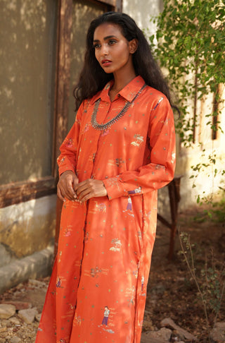 Shopmanto, Pakistani urdu calligraphy clothing brand, wear manto ready to wear women printed one piece diwani front open button down long rustic orange long urdu shirt kurta