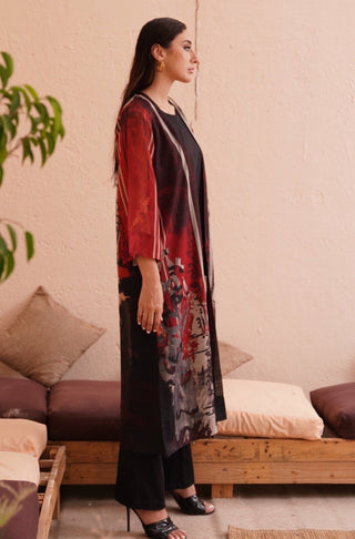 Manto Women's Ready to Wear 1 Piece Outerwear Front Open Long Qudrat Shrug Cape Red Featuring Urdu Calligraphy