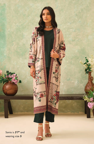 Women's Floral Printed Beige Outerwear Shrug Paired with Forest Green Inner & Straight Pants