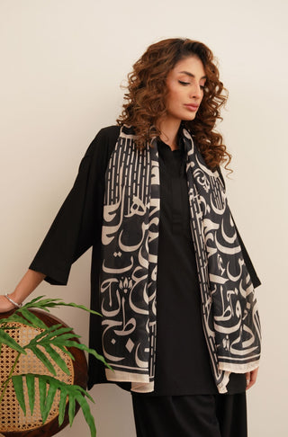 Shopmanto, wear manto pakistani clothing brand, manto ready to wear men women unisex black textured winter double sided stole scarf with random urdu letters calligraphed on stole