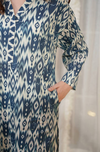 Pocket Detail of Manto Two Piece Premium Lawn Co-Ord Set Beige & Blue Featuring Urdu Calligraphy