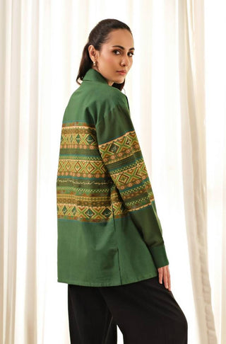 Shopmanto's Unisex Green Loose-fit Khaddar Overshirt featuring Urdu Calligraphy