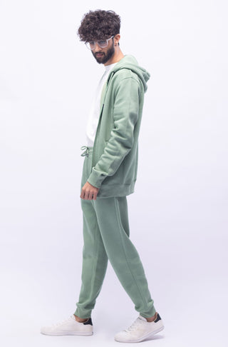 Manto Unisex Triple Layer Premium Fleece Sage Green Front Open Zipper Sweatshirt Hoodie with Zip & Manto Logo with Matching Sage Green Jogger Pants