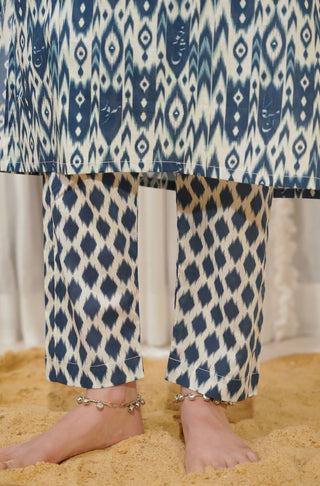 Pants Detail of Manto Two Piece Premium Lawn Co-Ord Set Beige & Blue Featuring Urdu Calligraphy