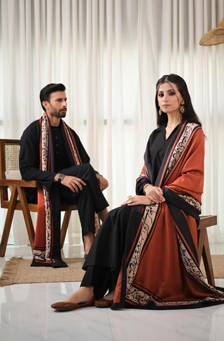 Shop manto, wear manto pakistani clothing brand ready to wear rustic orange hayaat unisex shawl with urdu poetry featuring poetry by Mir Taqi Mir