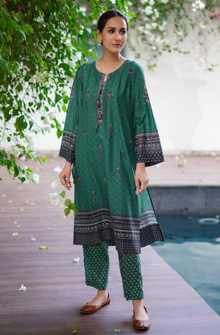 Manto Women's Stitched 2 Piece Matching Lawn Uraan Green & Black Co-ord Set Calligraphed with Words of Kaif Moradaabadi