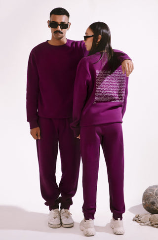 Manto, Pakistan's Most Comfy Ready to Wear Unisex Triple Layered Premium Fleece Very Plum Talaash Sweatshirt with Urdu Calligraphy of Poetry by Nida Fazli Paired with Matching Jogger Pants