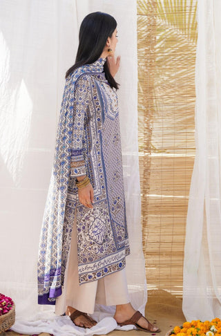 Shopmanto, wear manto pakistani clothing brand, manto ready to wear women one piece blue gul-e-jahaan long printed urdu lawn kurta featuring poetry of allama iqbal calligraphed through out the kurta