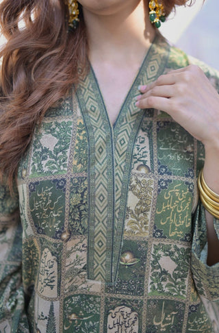 Manto Woman's Stitched Summer Jacquard 1 Piece Jugnu Kurta Royal Green Featuring Illustration & Poetry of Allama Iqbal