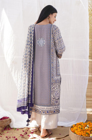 Shopmanto, wear manto pakistani clothing brand, manto ready to wear women one piece blue gul-e-jahaan long printed urdu lawn kurta featuring poetry of allama iqbal calligraphed through out the kurta