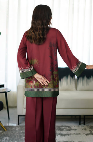 Manto Women's Stitched Crepe 2 Piece Matching Maroon Khwahish Co-ord Set, with Short Shirt Kurta & WIde Leg Trouser Pants Featuring Poetry of Behzad Lucknavi