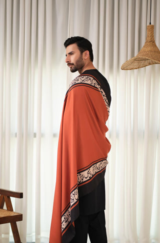 Shop manto, wear manto pakistani clothing brand ready to wear rustic orange hayaat unisex shawl with urdu poetry featuring poetry by Mir Taqi Mir