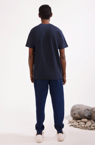 Manto Ready to Wear Buttery Soft Men's Smart Fit Thunder Blue 360° Tee Shirt with Manto Logo Embroidered on Short Sleeve Made from Cotton & Lycra Material Paired with Triple Layered Premium Fleece Midnight Blue Jogger Pants