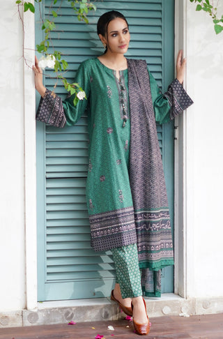 Manto Women's Stitched 2 Piece Matching Lawn Uraan Green & Black Co-ord Set Calligraphed with Words of Kaif Moradaabadi