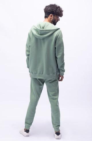 Manto Unisex Triple Layer Premium Fleece Sage Green Front Open Zipper Sweatshirt Hoodie with Zip & Manto Logo with Matching Sage Green Jogger Pants